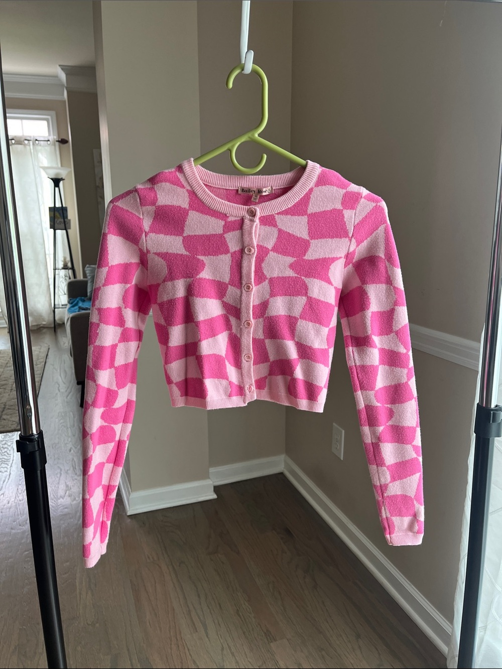 Pink Checkerboard Cropped Button Cardigan